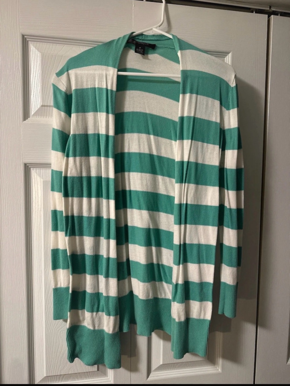 89th & Madison Striped Open-Front Cardigan - Teal and White